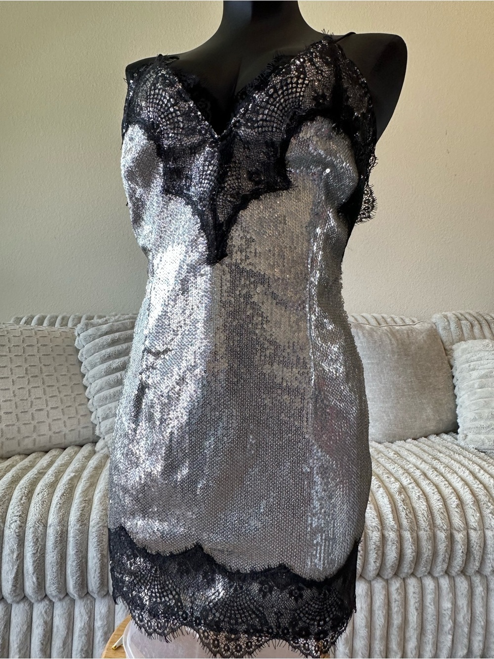 PrettyLittleThing Silver Sequin Slip Dress with Black Lace